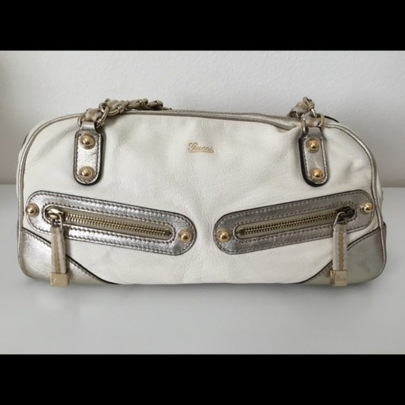 Gucci Handbags - Gucci Cream Leather Bronze Gold Chain Boston Bag